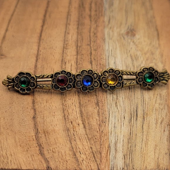 Unsigned Jewelry - Vintage Brass Bar Multi-color Rhinestones in C-Clasp Closure Circa 1930s